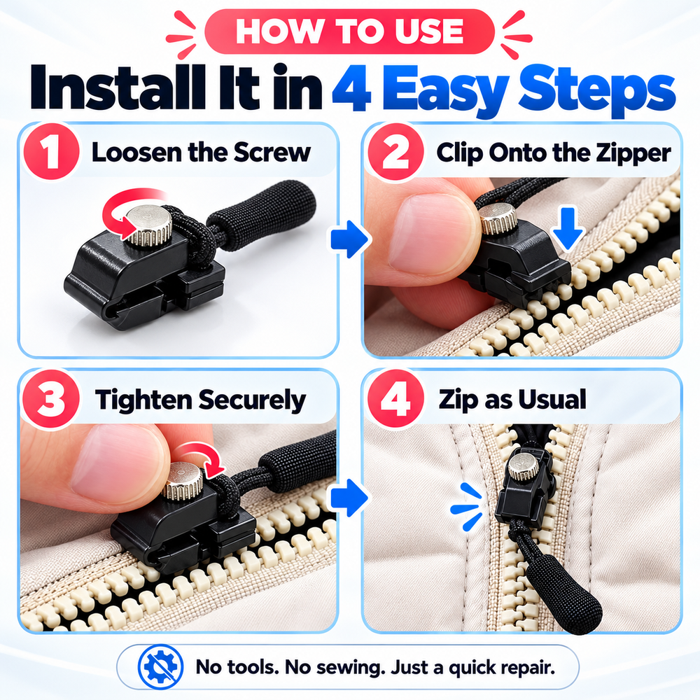 Four-step installation diagram showing loosening, attaching, tightening and using the zipper repair clip