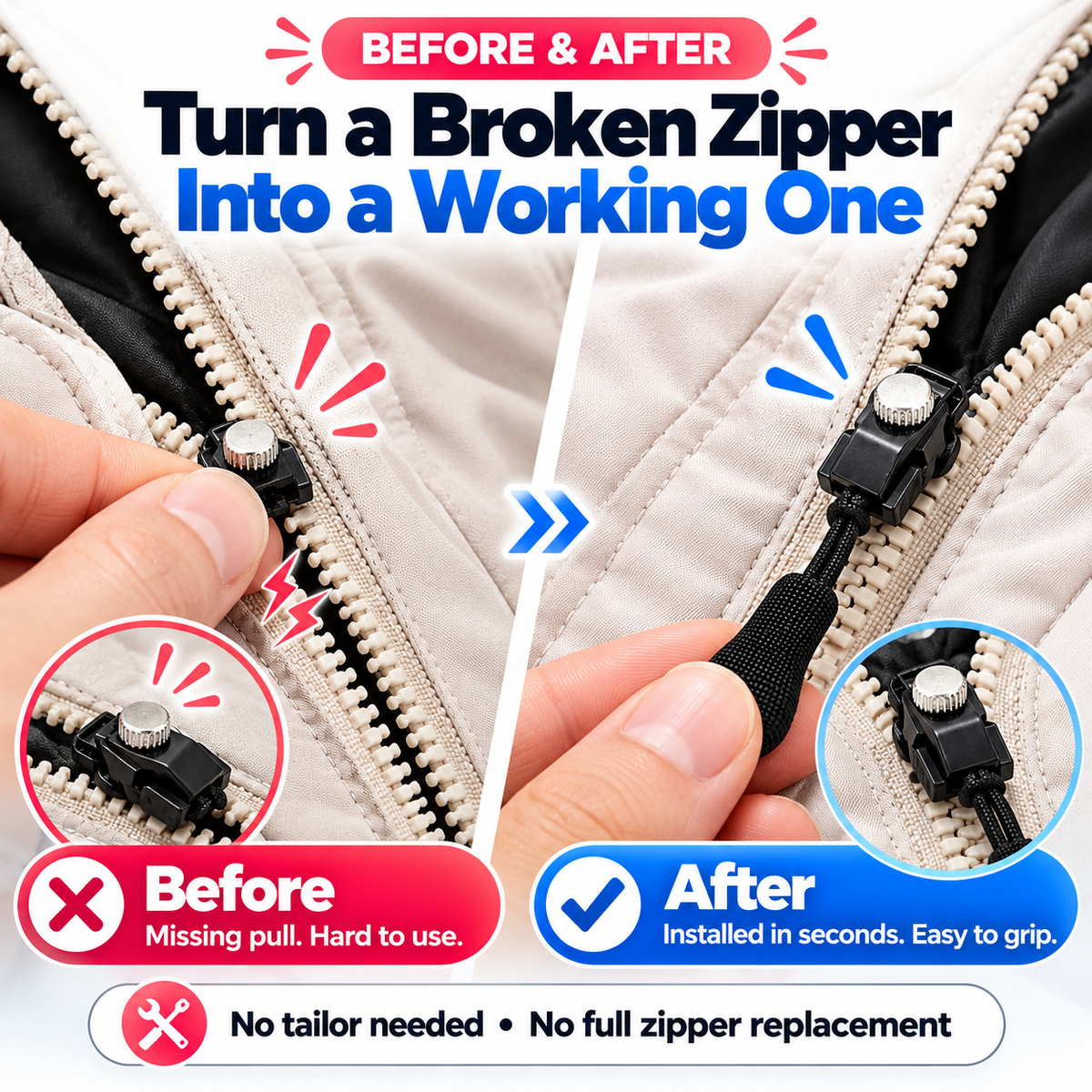 Fix Broken Zipper Pulls Instantly! No-Sew Clip-On Repair Kit