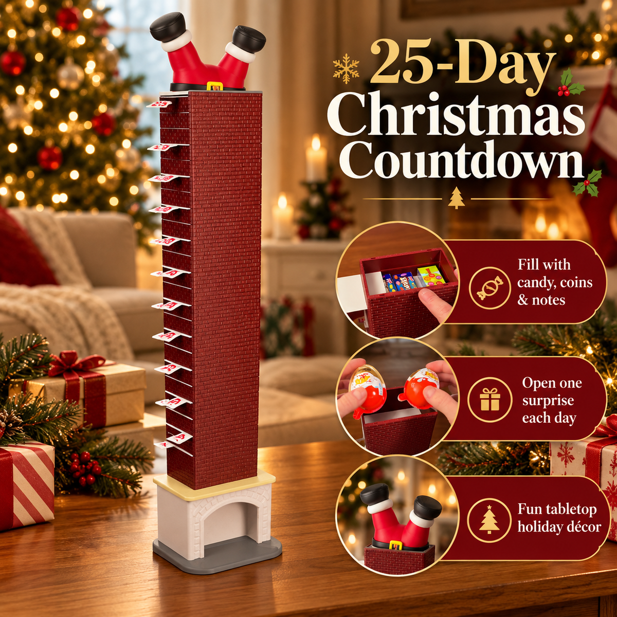 Christmas chimney advent calendar with 25 numbered drawers and playful upside-down Santa legs on a festive tabletop