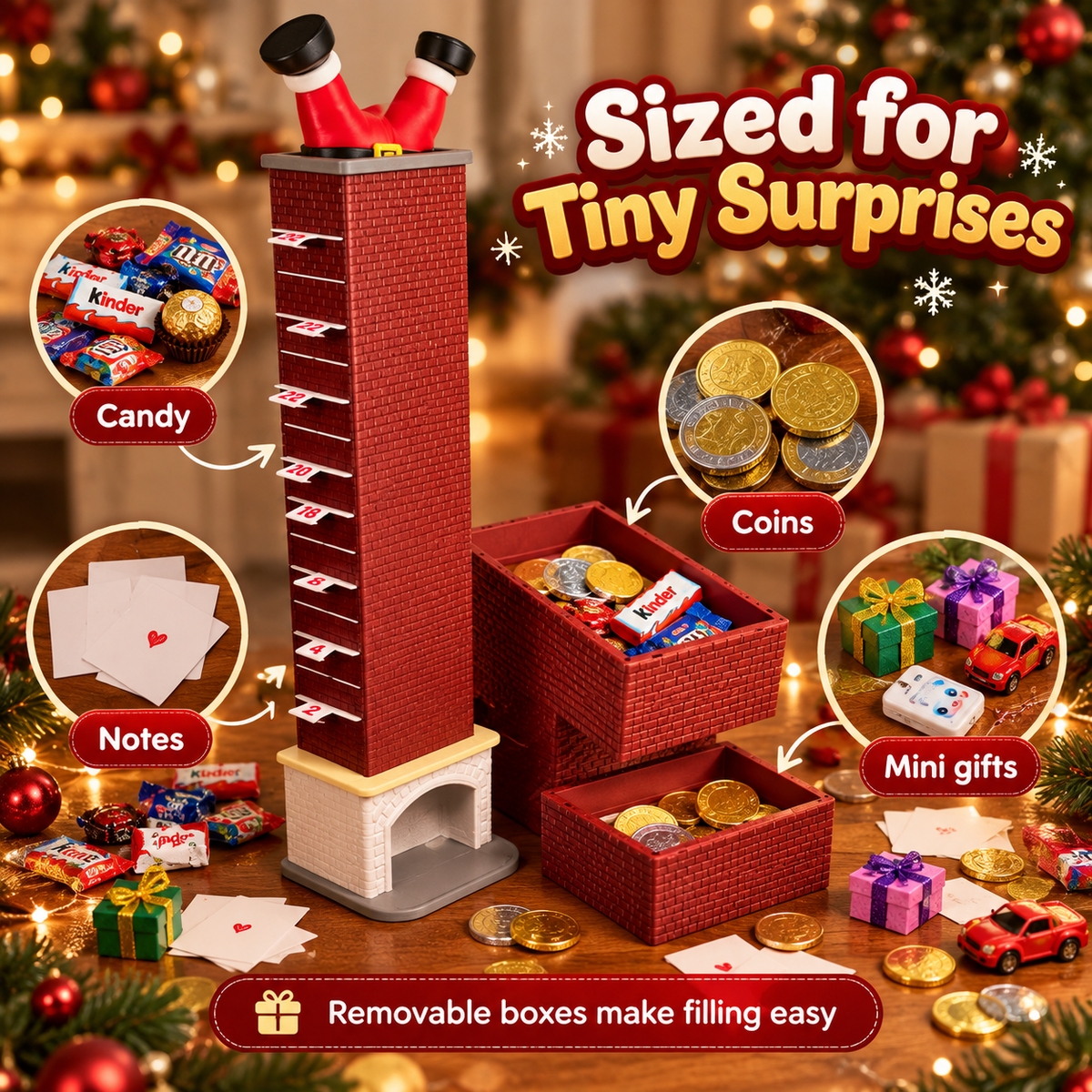 Christmas chimney calendar drawers shown with examples of candy, coins, handwritten notes and small gifts