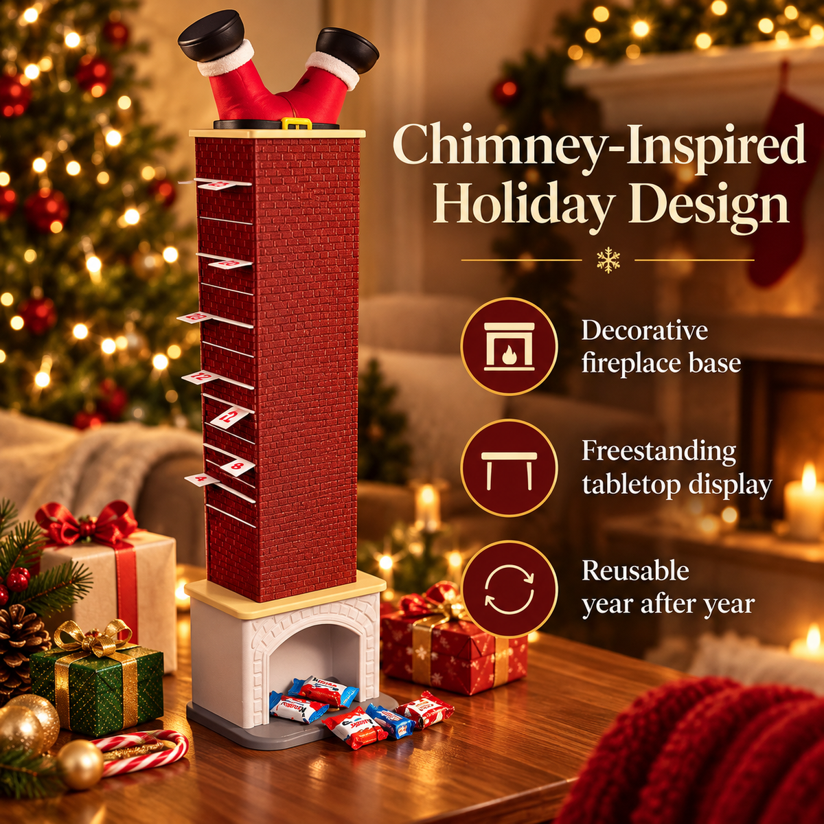 Christmas chimney advent calendar styled as a miniature red brick chimney with fireplace base and upside-down Santa legs