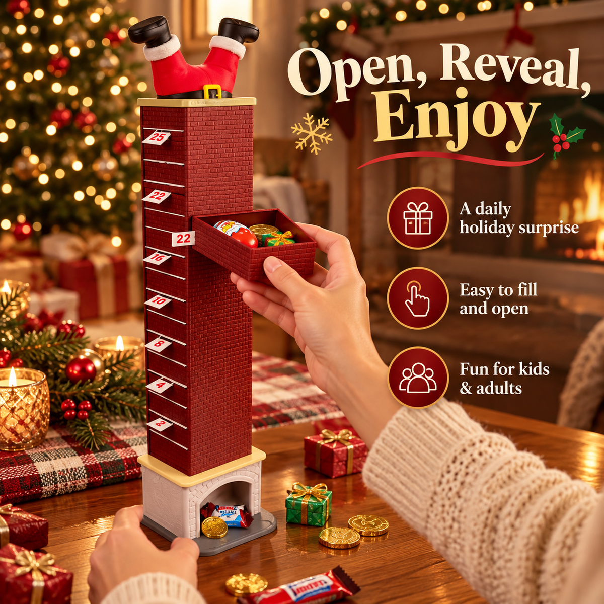 A hand pulling out one numbered drawer from the Christmas chimney advent calendar to reveal a daily surprise