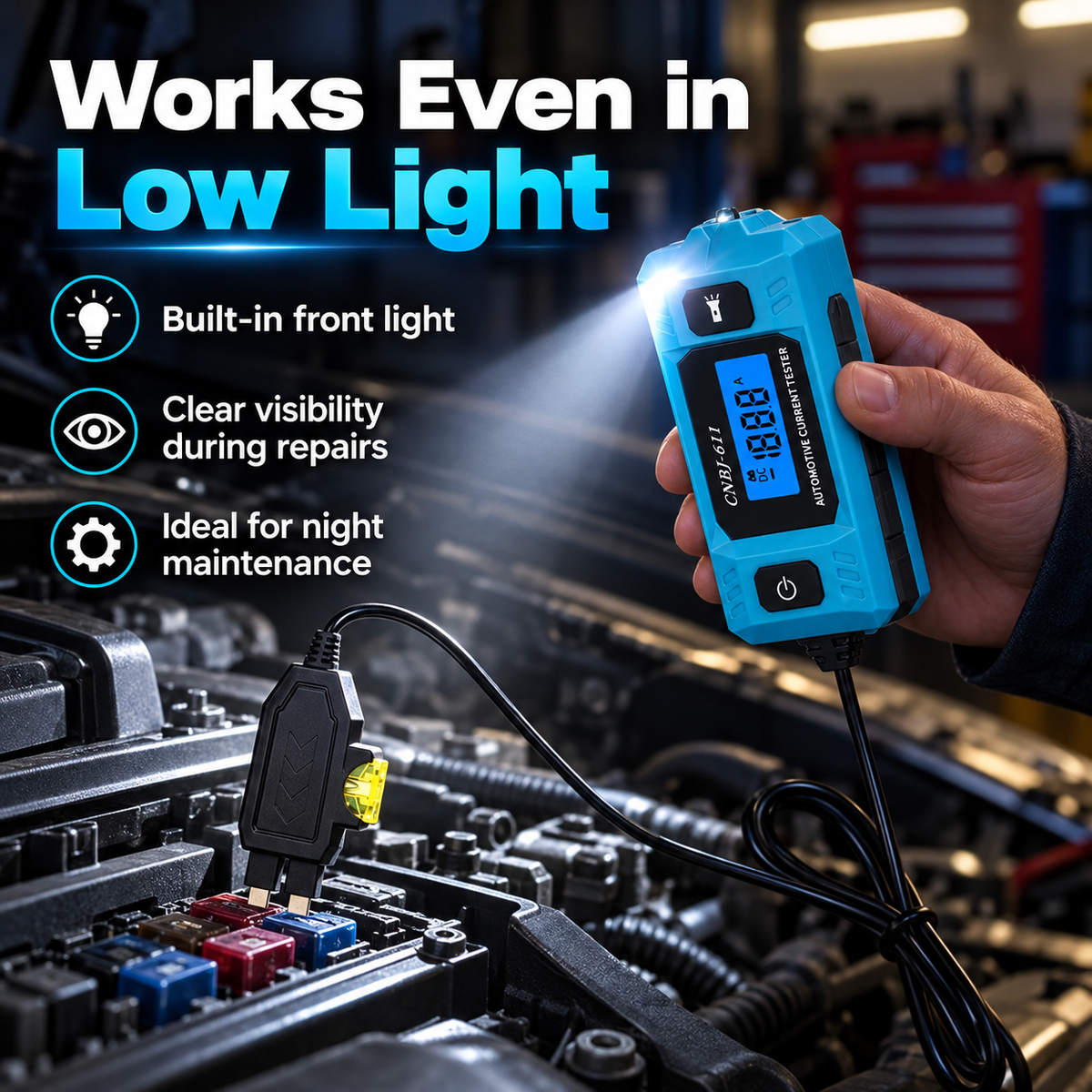 Automotive tester front light illuminating the work area