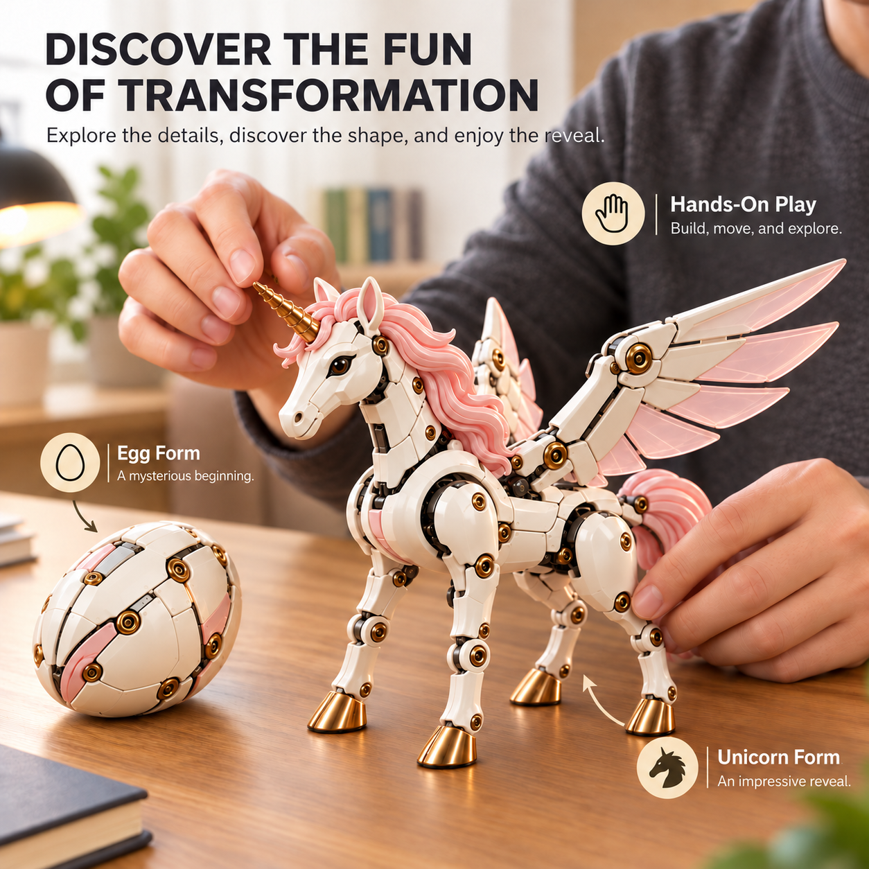 Hands exploring the winged mechanical unicorn on a tabletop with its compact egg form pictured beside it for comparison