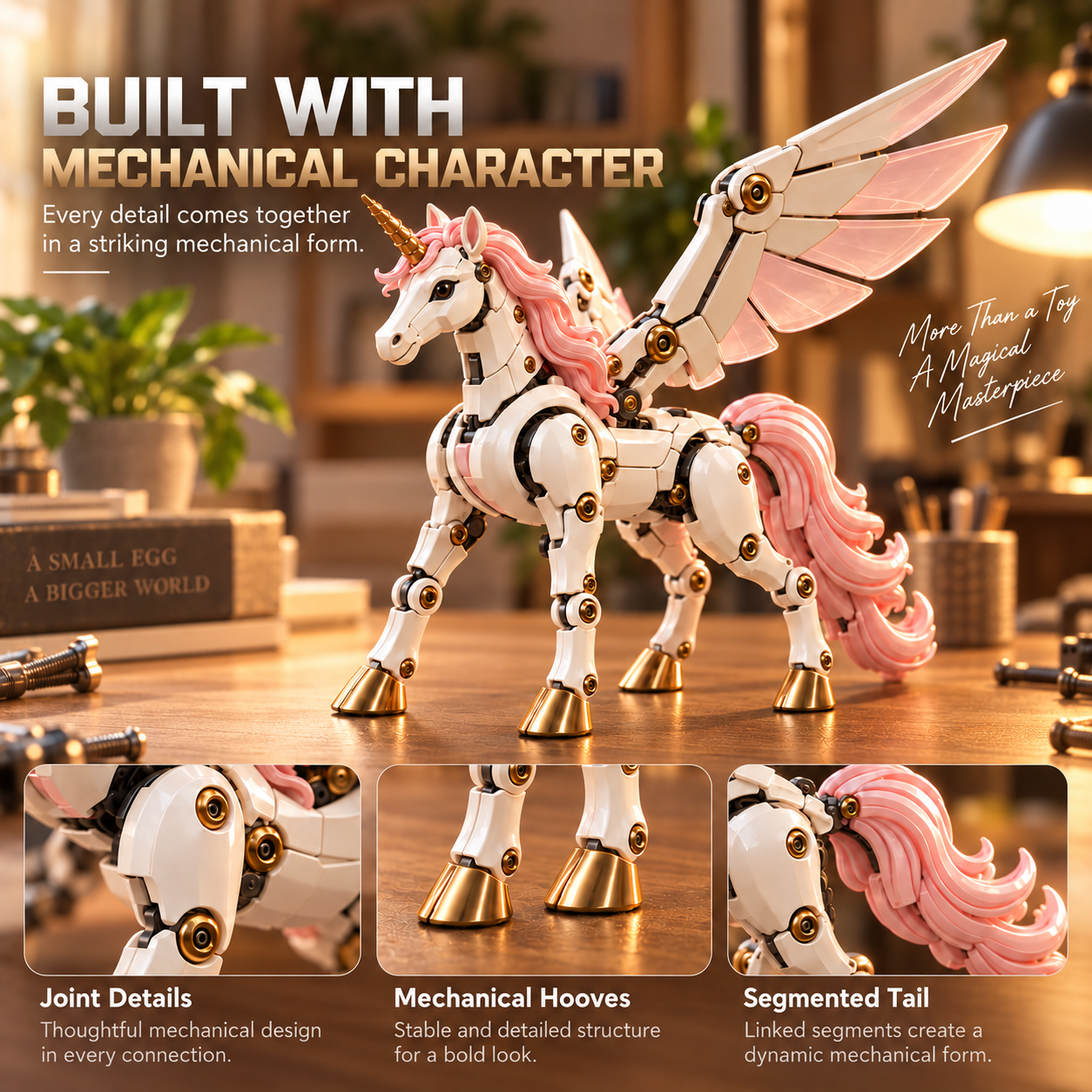 Close-up mechanical unicorn details including articulated joints, gold-colored hooves, white body panels and a flowing segmented pink tail