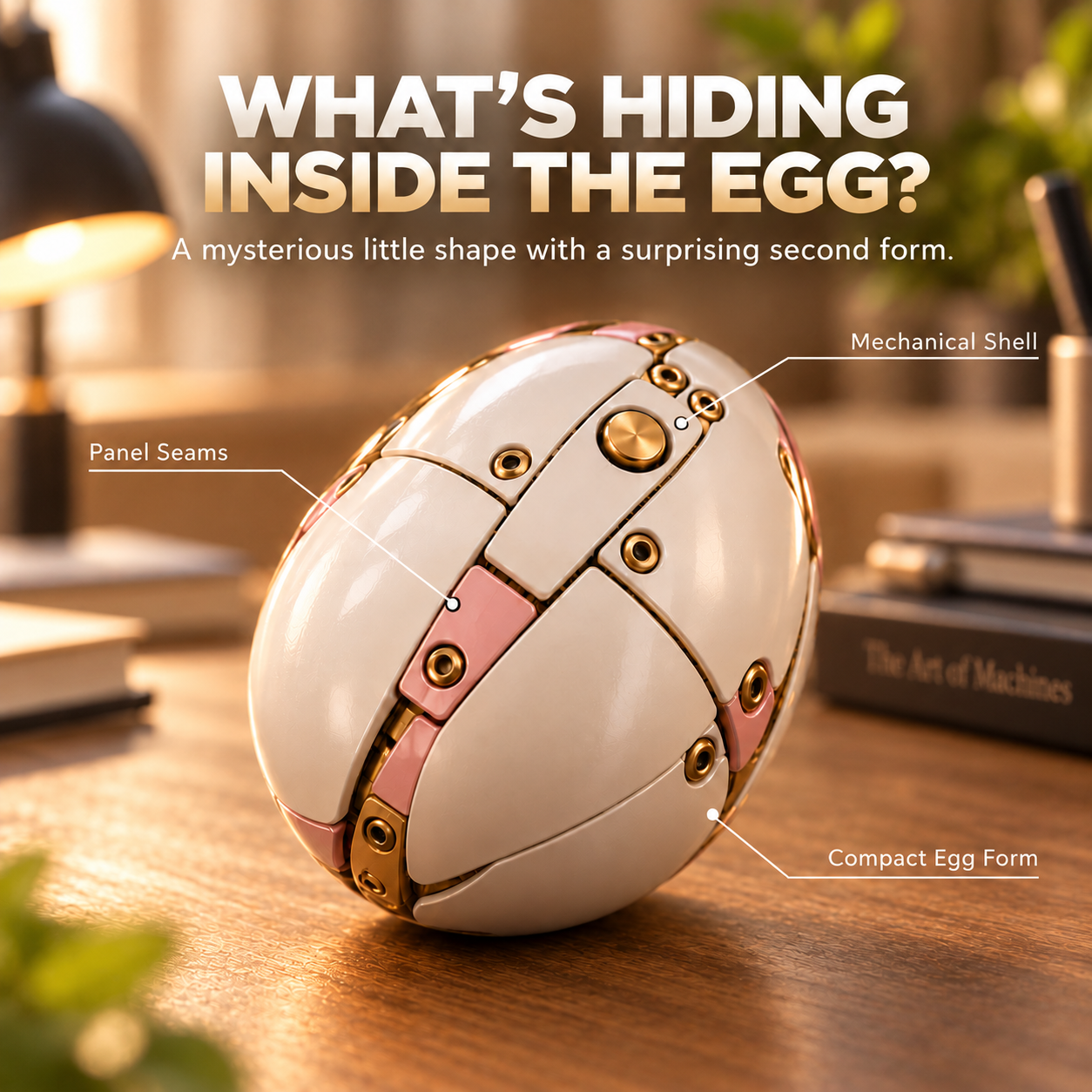 Close-up of pearl-white mechanical unicorn egg with gold-colored joints pink seams and segmented panels