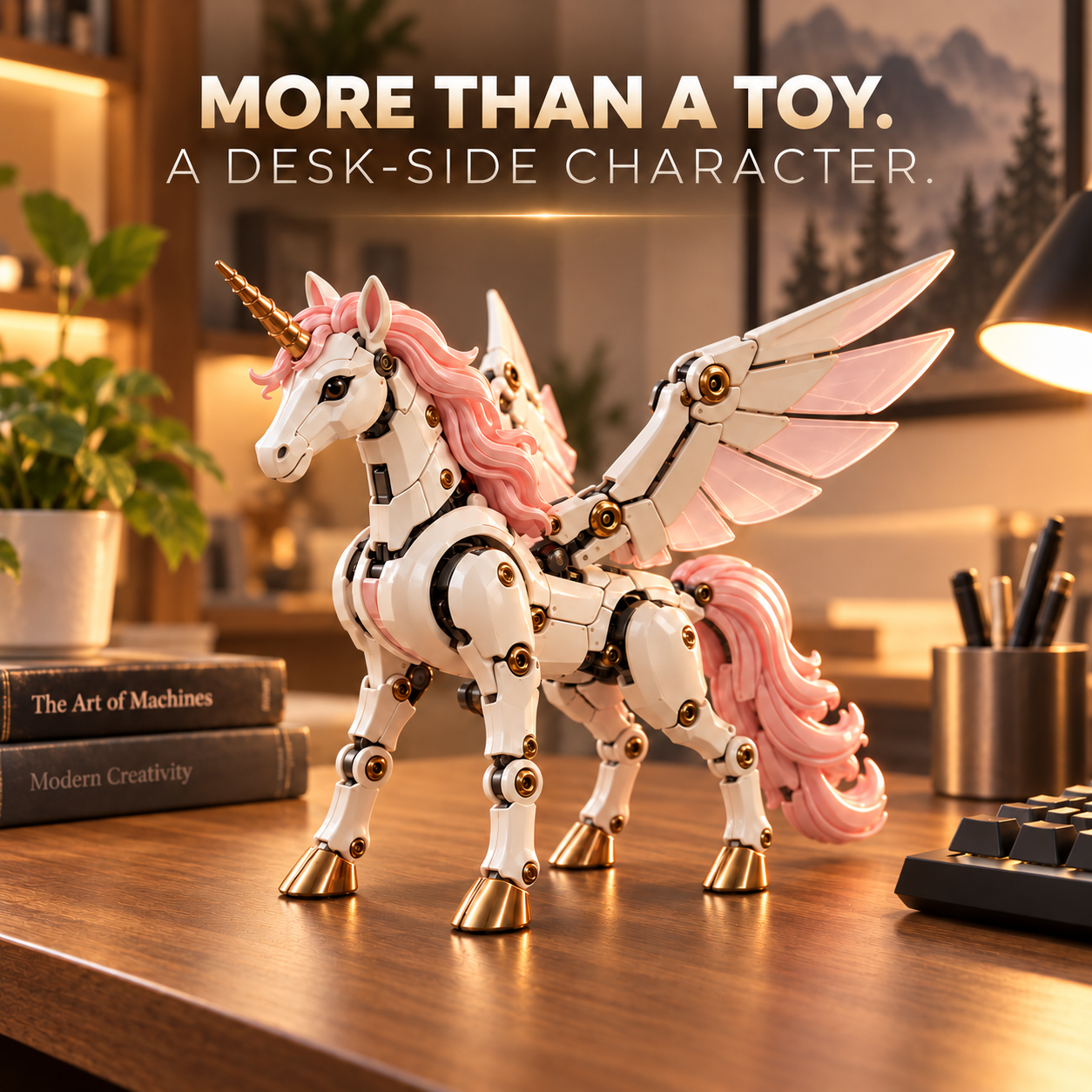 Pearl-white and pink mechanical unicorn with gold details displayed on a wooden desk beside books and a keyboard