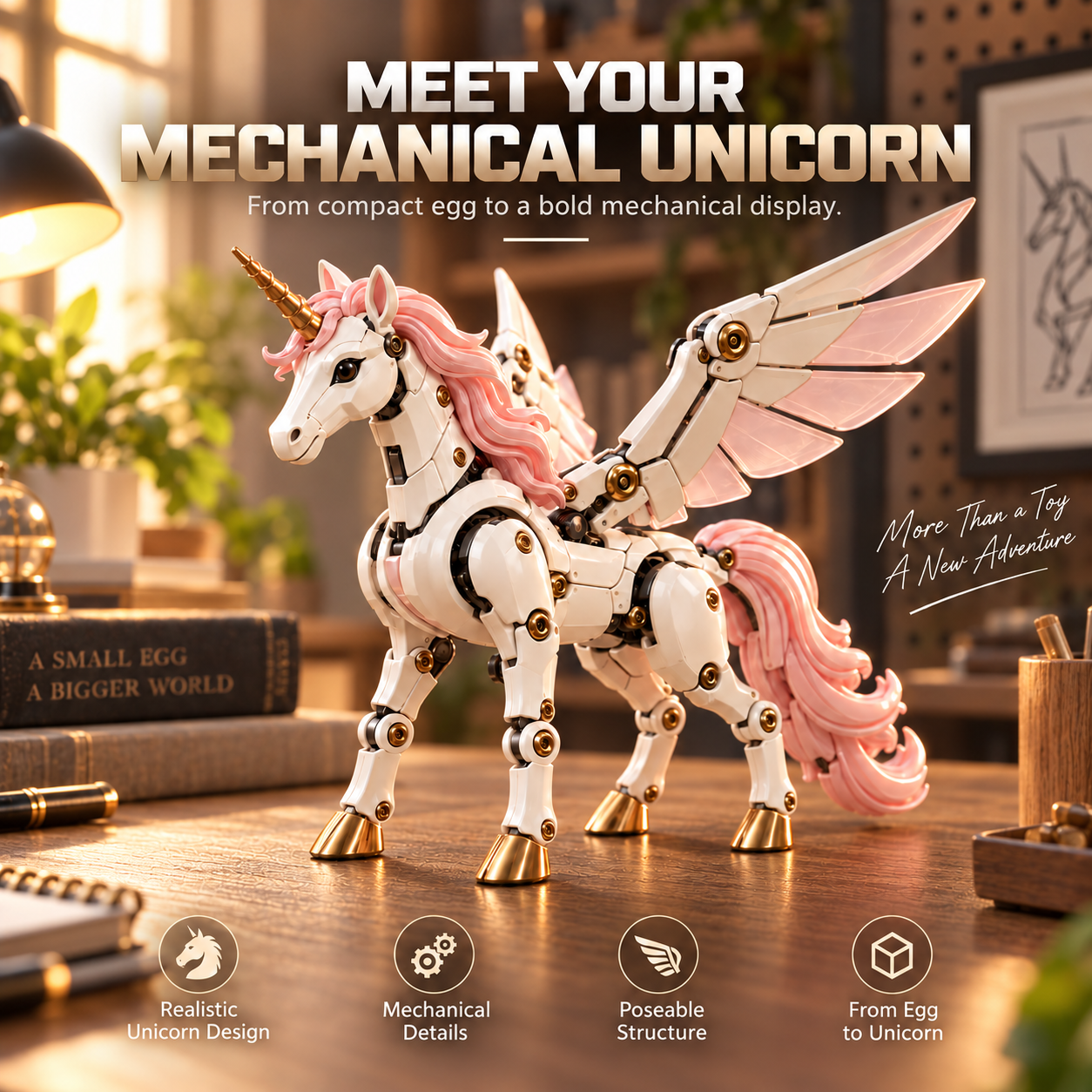 Completed pearl-white and pink winged mechanical unicorn with prominent golden horn, articulated legs and layered wings