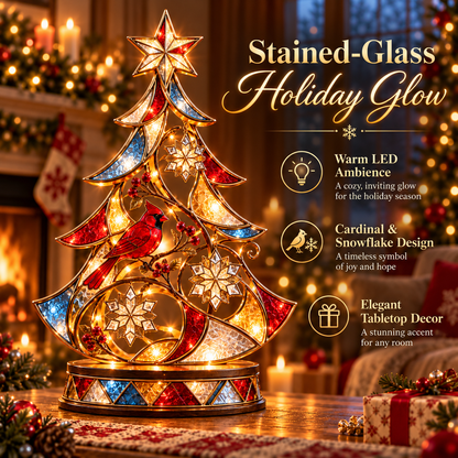 🎄 Cardinal Stained-Glass Christmas Tree™ – Lighted Holiday Tabletop Decor with Snowflakes & Warm Glow