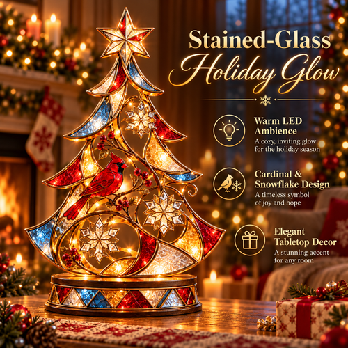 🎄 Cardinal Stained-Glass Christmas Tree™ – Lighted Holiday Tabletop Decor with Snowflakes & Warm Glow