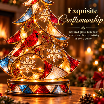 🎄 Cardinal Stained-Glass Christmas Tree™ – Lighted Holiday Tabletop Decor with Snowflakes & Warm Glow