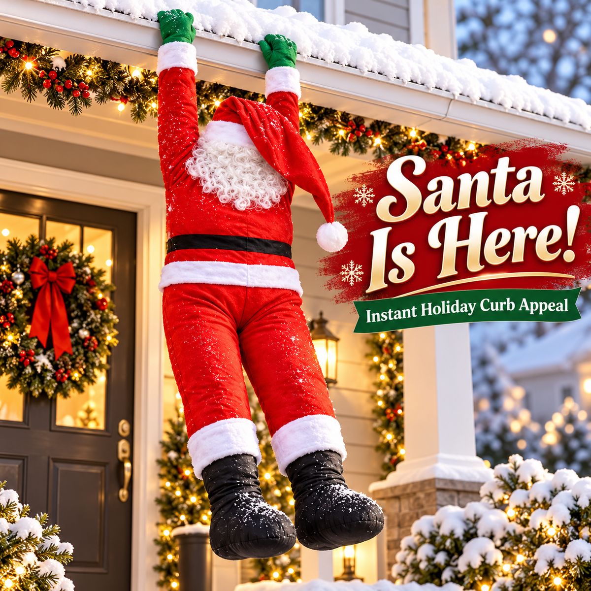 Playful Santa Claus climbing pose for seasonal decorating
