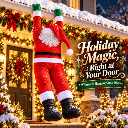 Hanging climbing Santa in a playful Christmas display