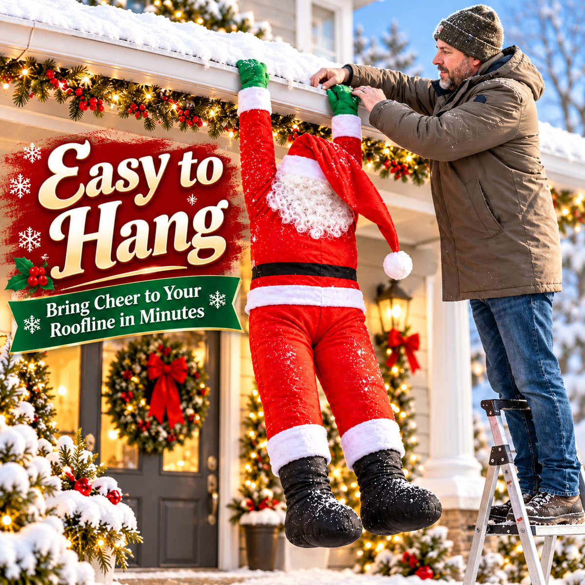 Climbing Santa decoration in a holiday home setting