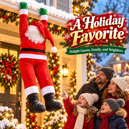 Santa figure with raised arms and classic Christmas suit