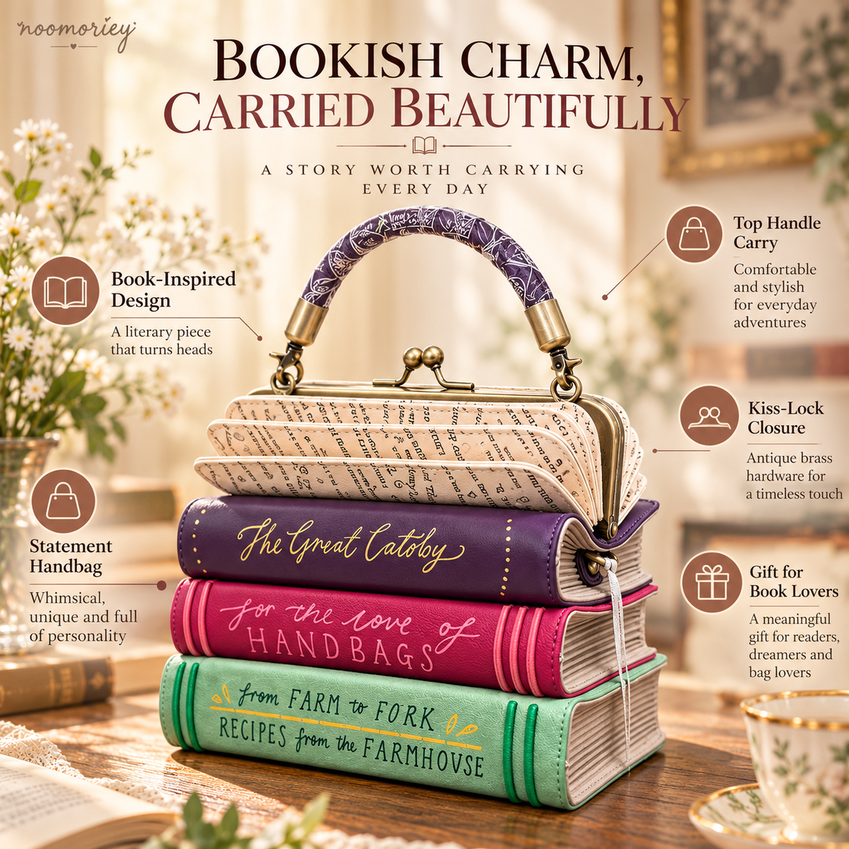 📚✨ Vintage Book Stack Handbag – Whimsical Top-Handle Purse with Antique Gold Clasp | Unique Gift for Book Lovers 🎁