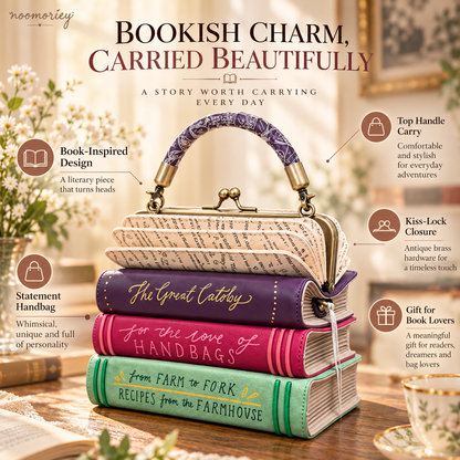 📚✨ Vintage Book Stack Handbag – Whimsical Top-Handle Purse with Antique Gold Clasp | Unique Gift for Book Lovers 🎁