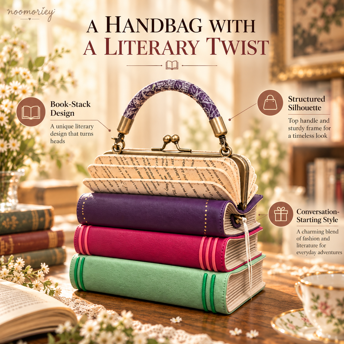 📚✨ Vintage Book Stack Handbag – Whimsical Top-Handle Purse with Antique Gold Clasp | Unique Gift for Book Lovers 🎁