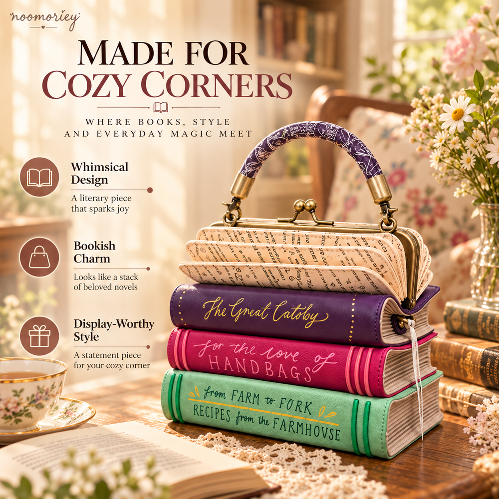 Book stack handbag on cozy vintage reading table near flowers tea and old books