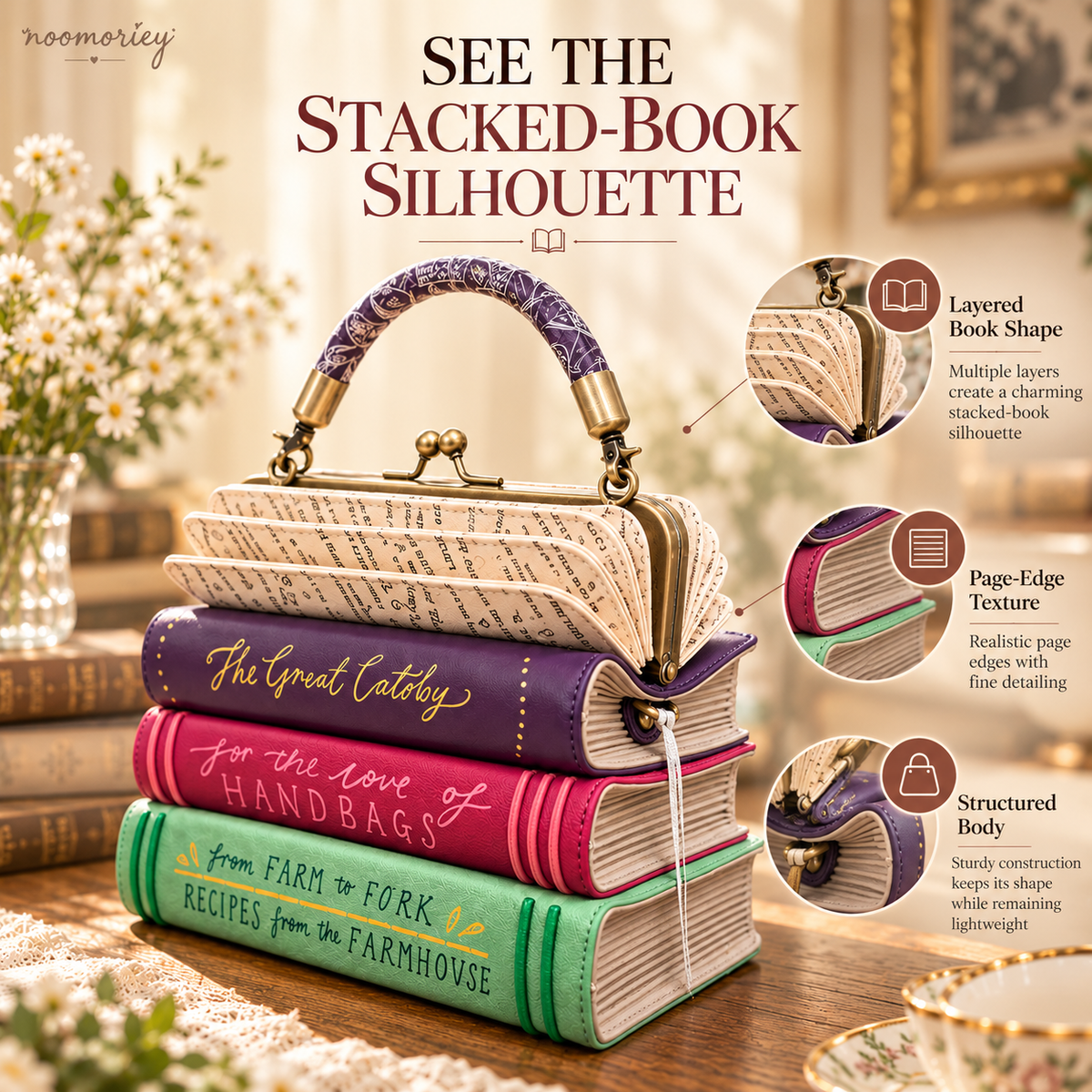 📚✨ Vintage Book Stack Handbag – Whimsical Top-Handle Purse with Antique Gold Clasp | Unique Gift for Book Lovers 🎁