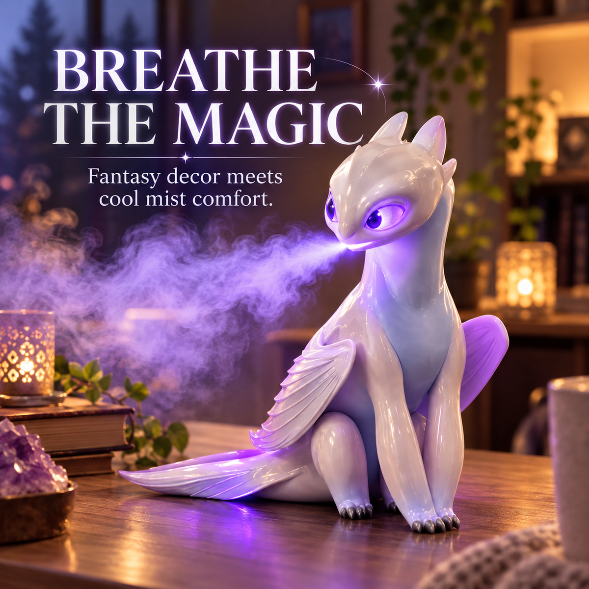 Pearl white fantasy dragon humidifier breathing purple cool mist