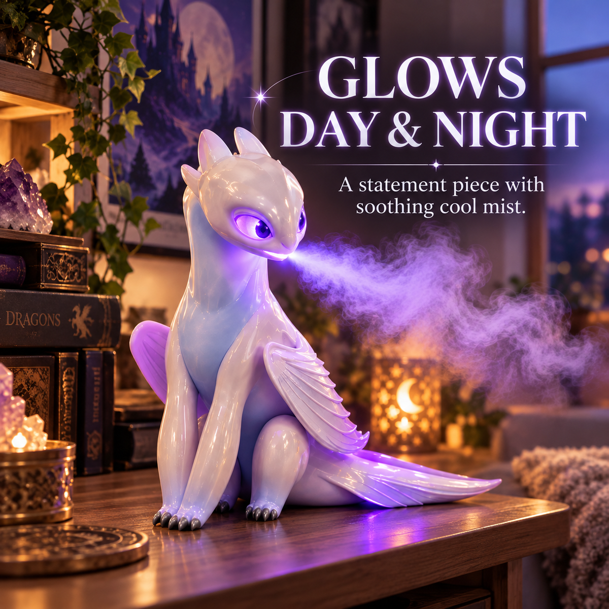 Pearl white dragon humidifier glowing violet beside fantasy decor