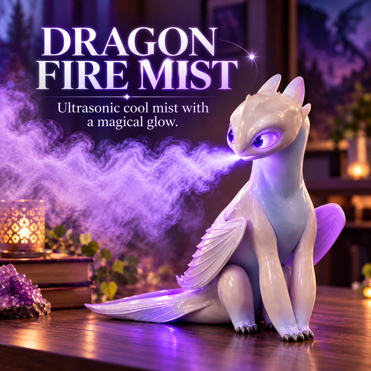 White dragon emitting dramatic purple illuminated ultrasonic cool mist