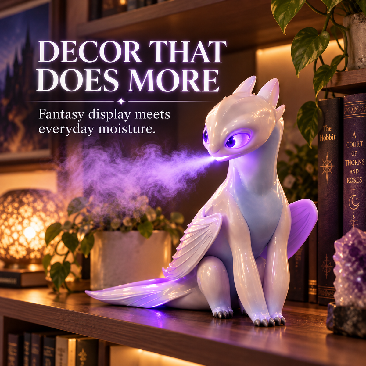 White dragon cool mist diffuser displayed beside fantasy books