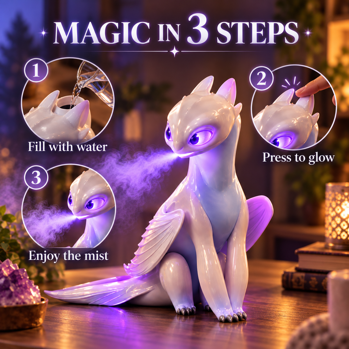 Three steps for white dragon humidifier add water press control and enjoy mist