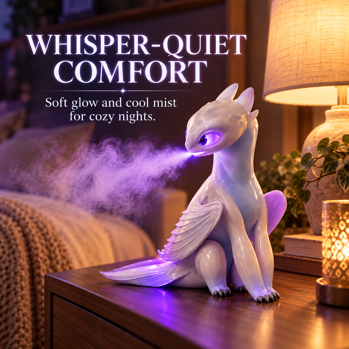 White dragon mist humidifier glowing purple beside cozy bed