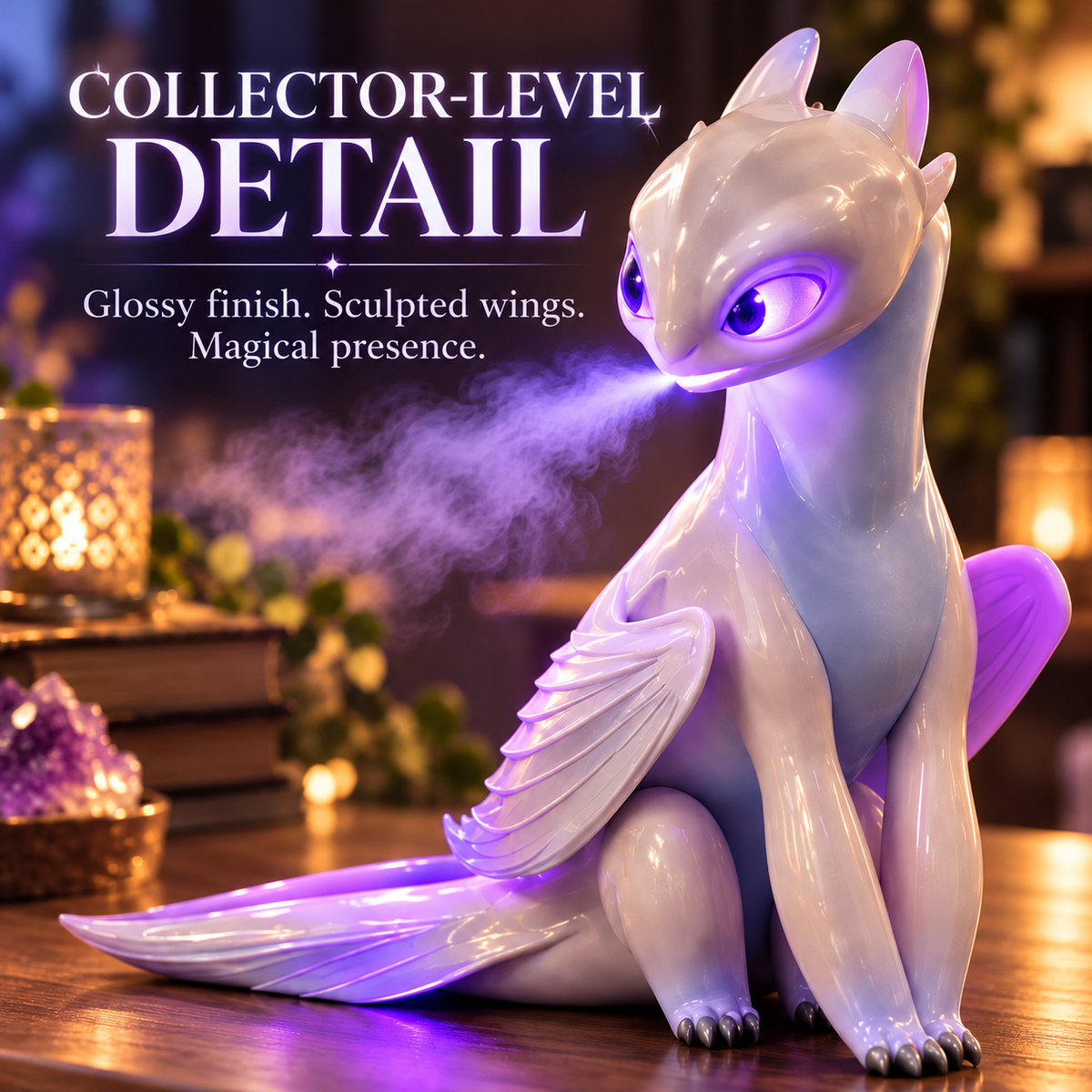 Close-up of pearl white dragon with violet eyes sculpted wings and tail