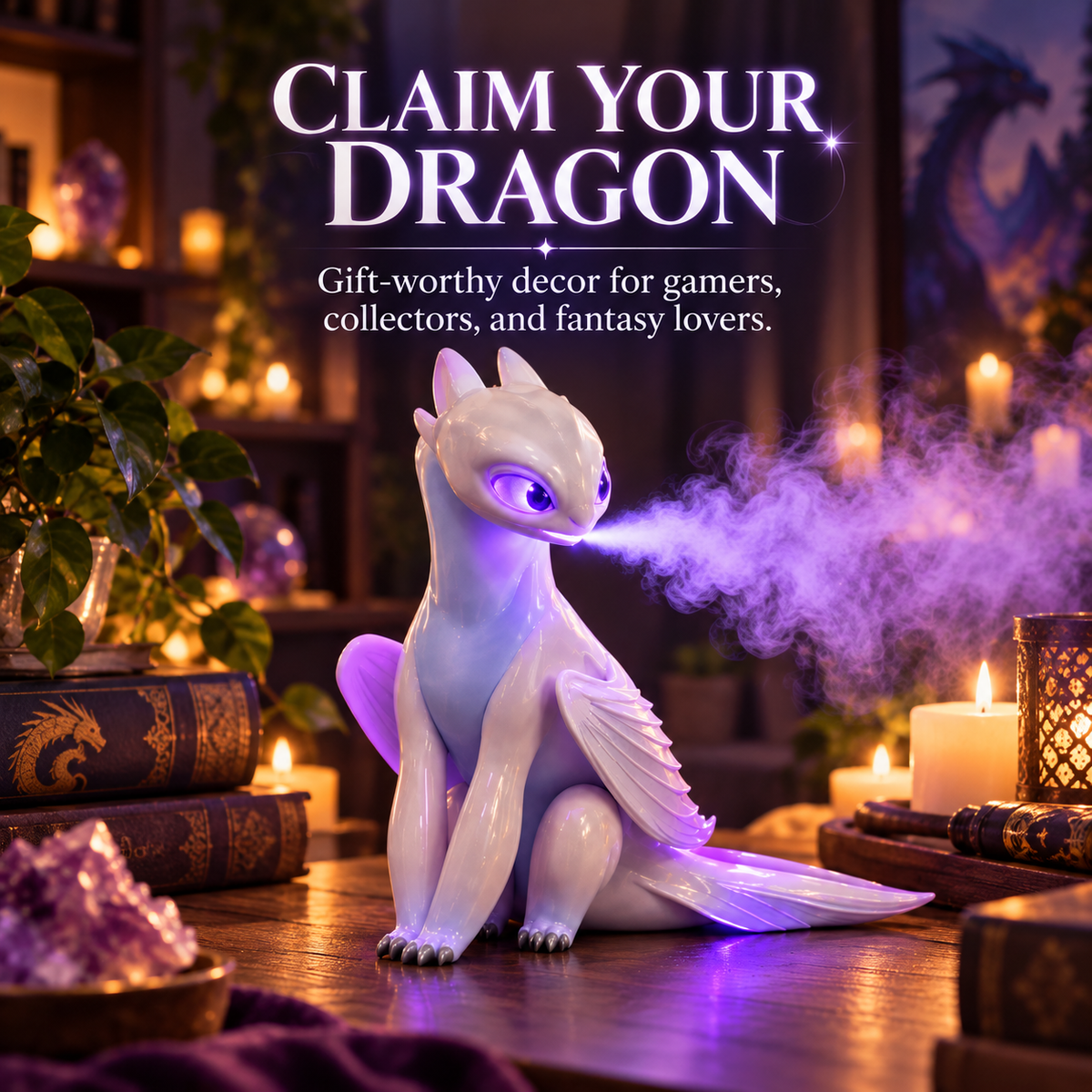 Mystic white dragon breathing glowing purple mist in fantasy gift display