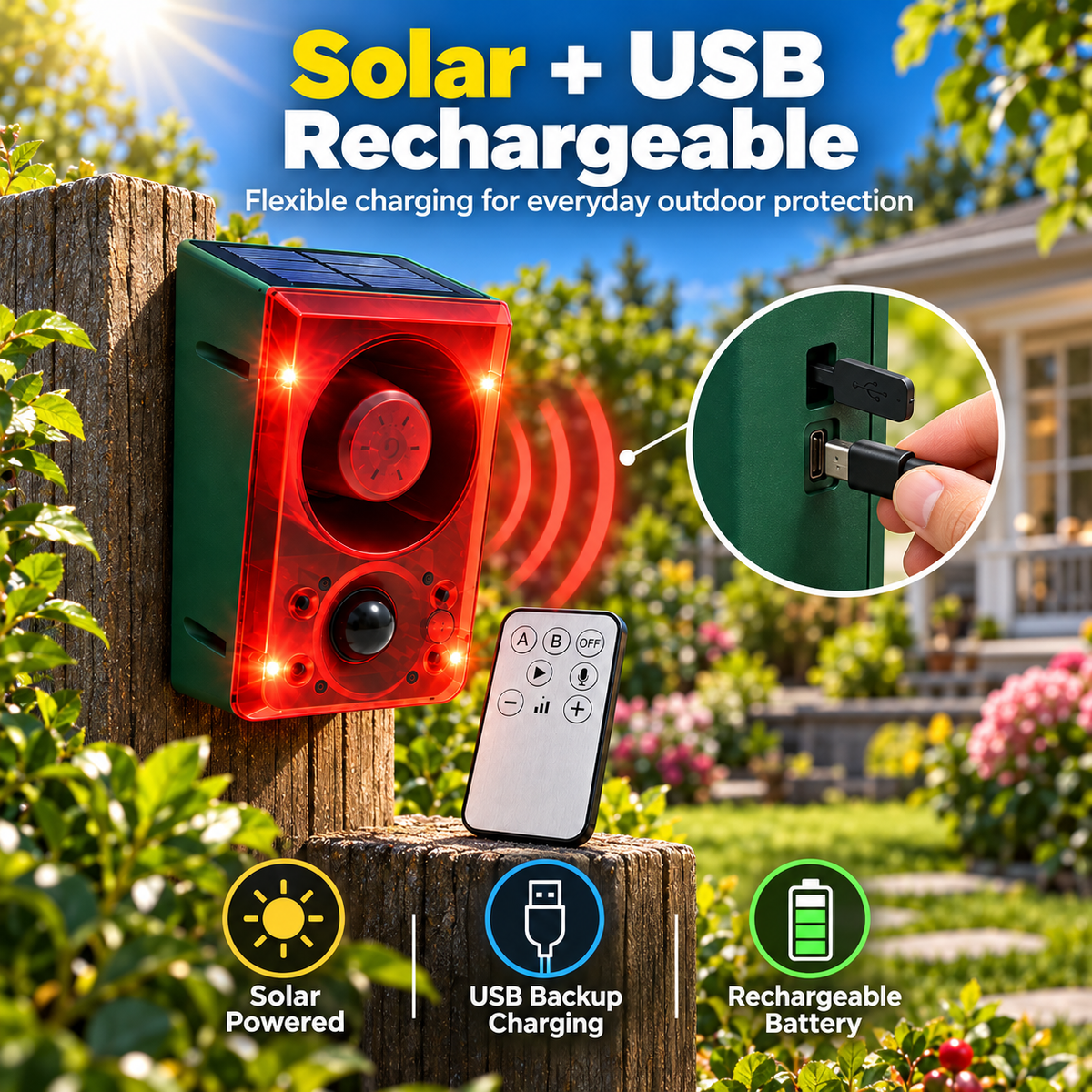 🔥Black Friday 50% OFF🎁🚨 Solar-Powered Outdoor Motion Alarm – Remote-Controlled Farm & Garden Security Siren