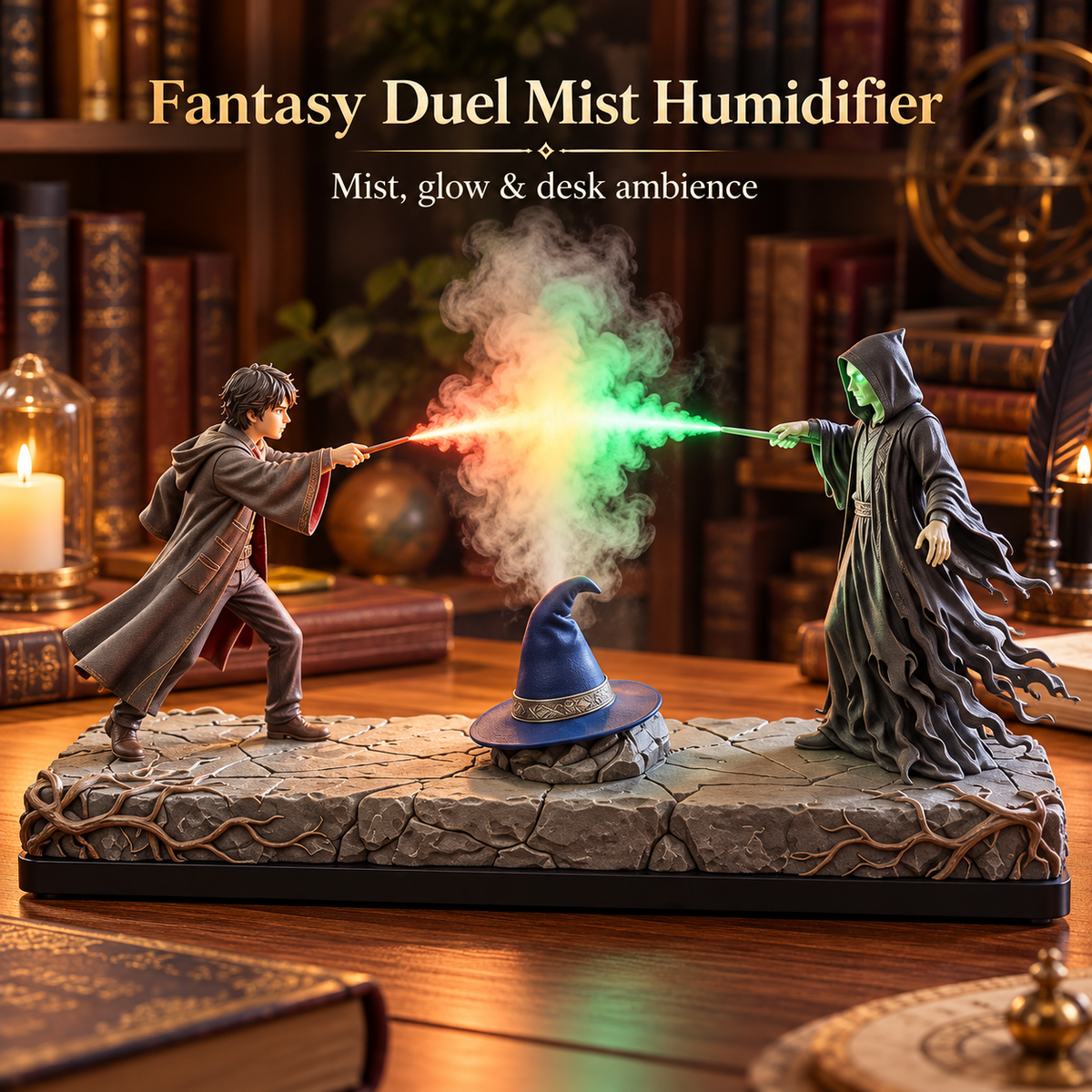 Fantasy wizard duel mist humidifier with two sculpted magic figures, glowing red and green lighting, central wizard hat and drifting mist