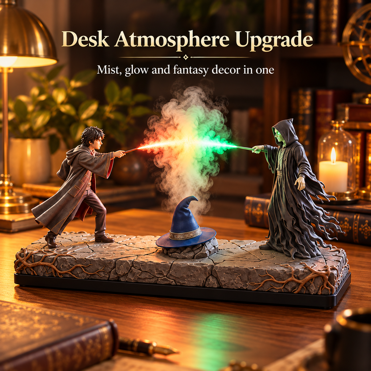 Magical battle humidifier on a warm desk with colorful red and green illuminated mist