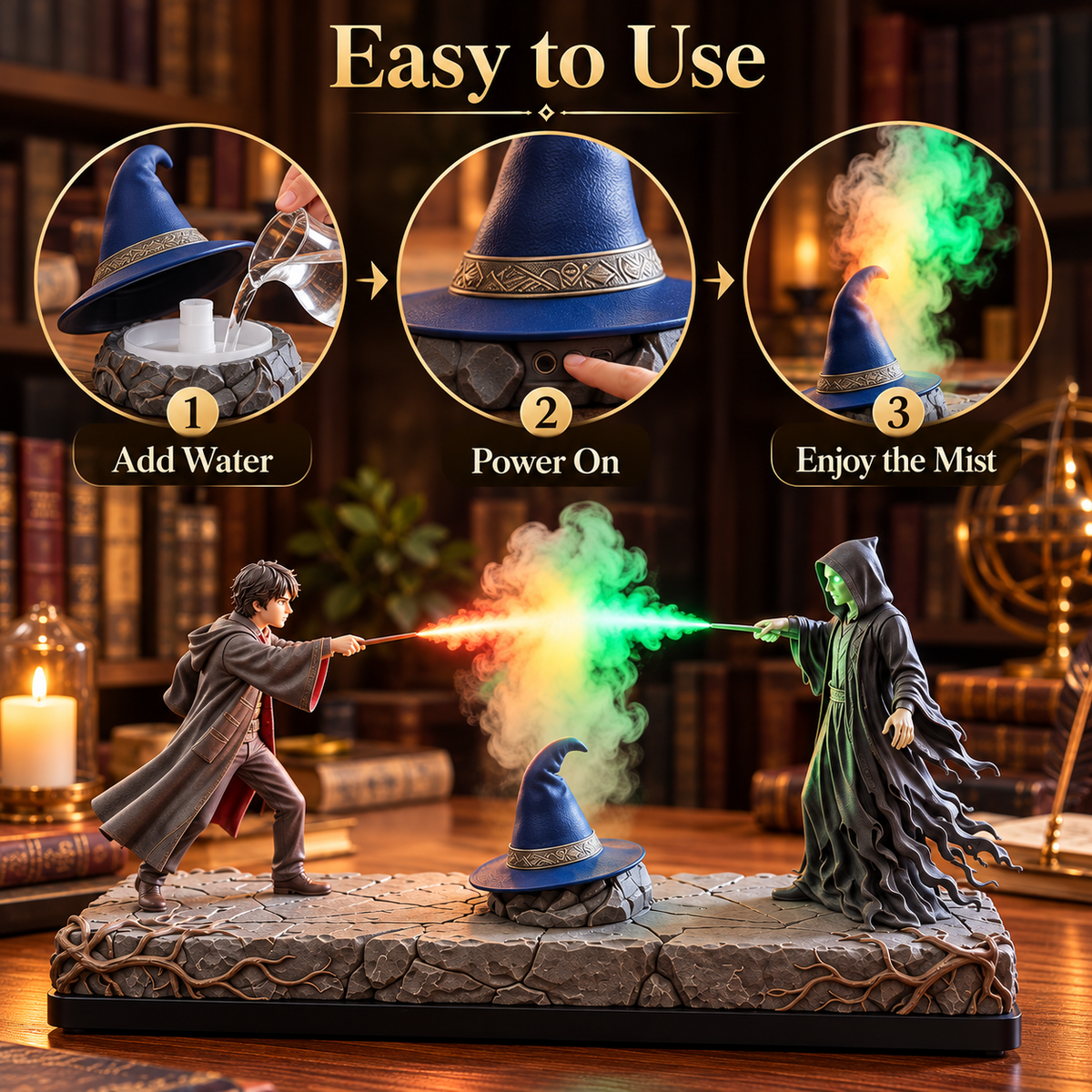 Three-step guide illustrating adding water to the center hat reservoir, activating the control and enjoying colorful mist