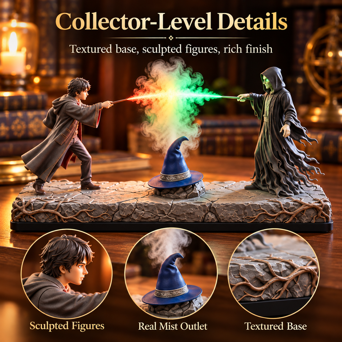Detailed fantasy battle display highlighting two sculpted sorcerers, a blue pointed hat mist outlet and textured stone base