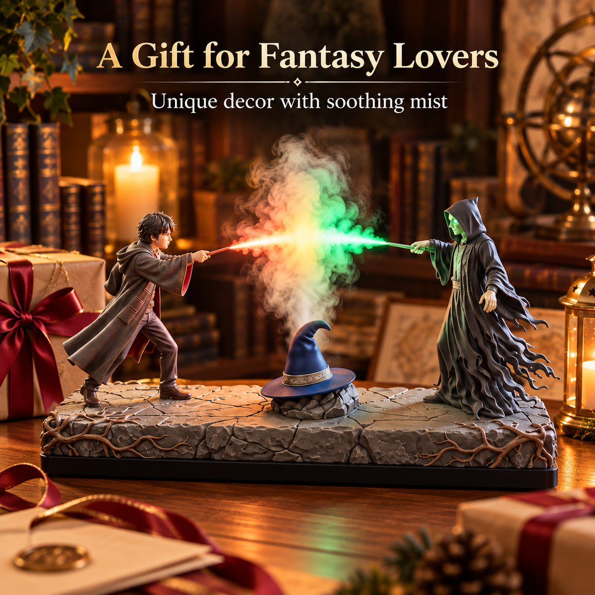 Fantasy wizard duel mist diffuser displayed near a wrapped present in a warm bookshelf setting