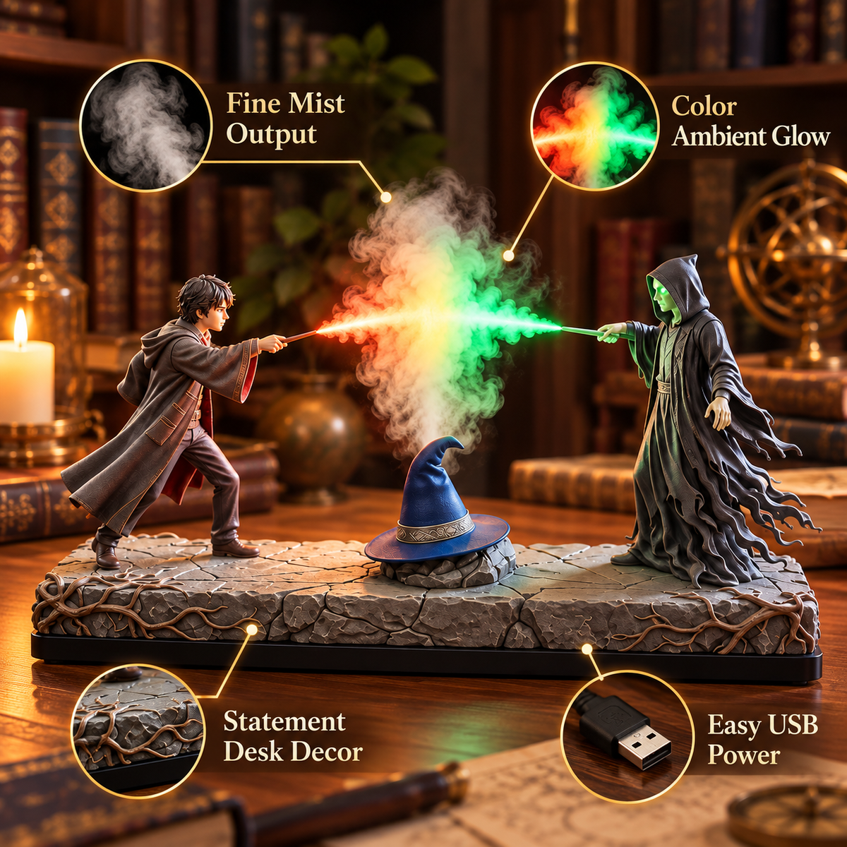 Fantasy battle mist humidifier infographic showing fine mist, colored ambient glow, decorative stone base and USB power connection
