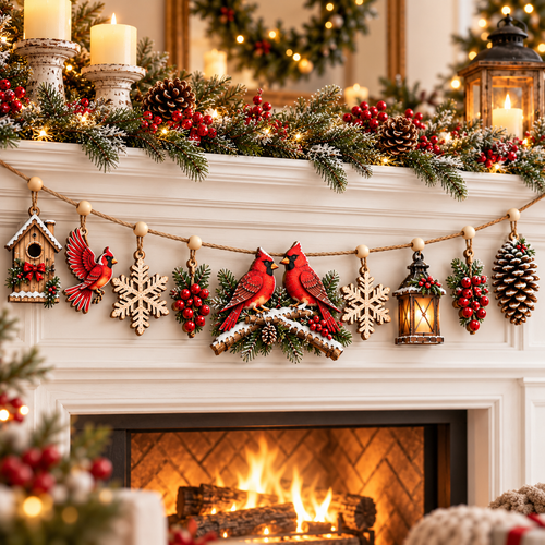 🎄 Cardinal Winter Story Garland™ – Wooden Christmas Mantel Decor ❤️