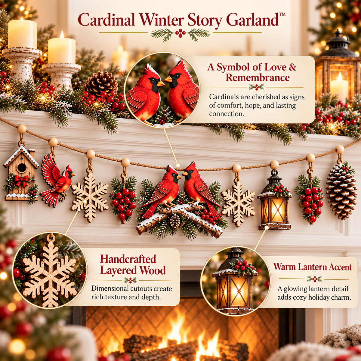 🎄 Cardinal Winter Story Garland™ – Wooden Christmas Mantel Decor ❤️