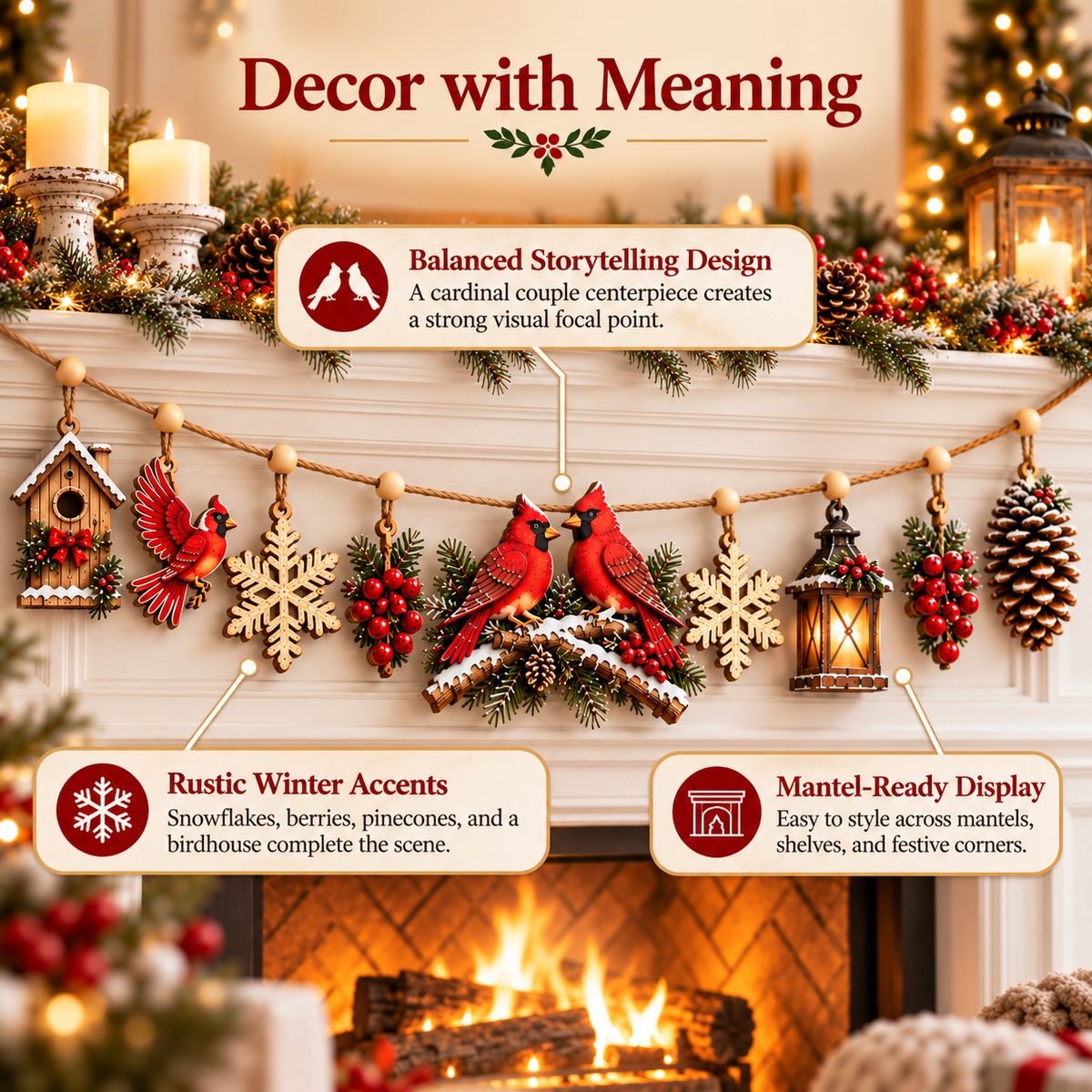 🎄 Cardinal Winter Story Garland™ – Wooden Christmas Mantel Decor ❤️