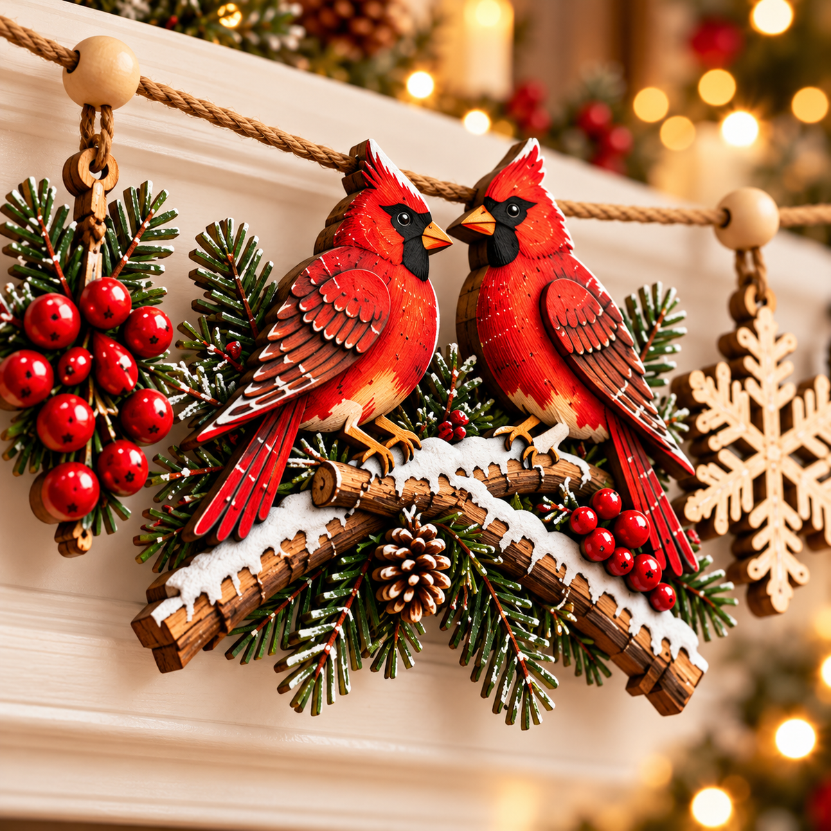🎄 Cardinal Winter Story Garland™ – Wooden Christmas Mantel Decor ❤️
