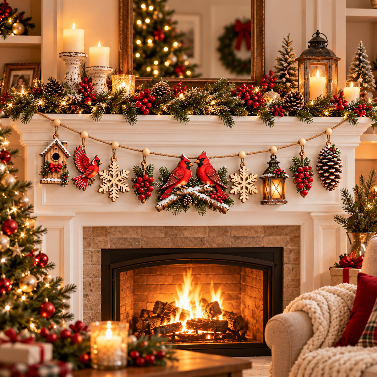 🎄 Cardinal Winter Story Garland™ – Wooden Christmas Mantel Decor ❤️