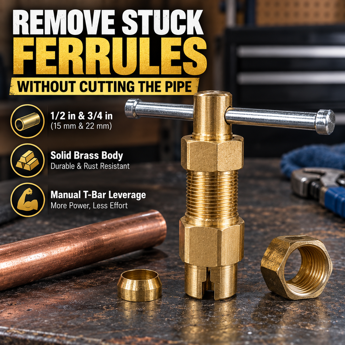 Compression Sleeve Puller Tool for 1/2' & 3/4' Brass Pipes, Rust-Resistant Ferrule Remover, Pipe Ring Extraction Kit for Corroded/Frozen Supply Stops, Removes Nut & Ferrule Safely – No Pipe Damage (Fits NPT 1/2', 3/4')