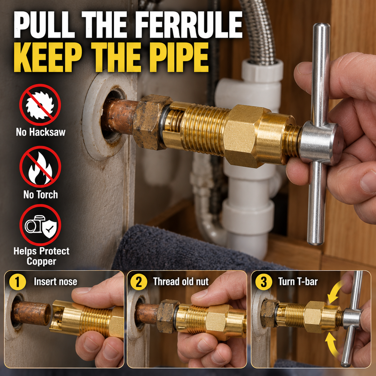 Compression ferrule puller removing a stuck ring from copper pipe