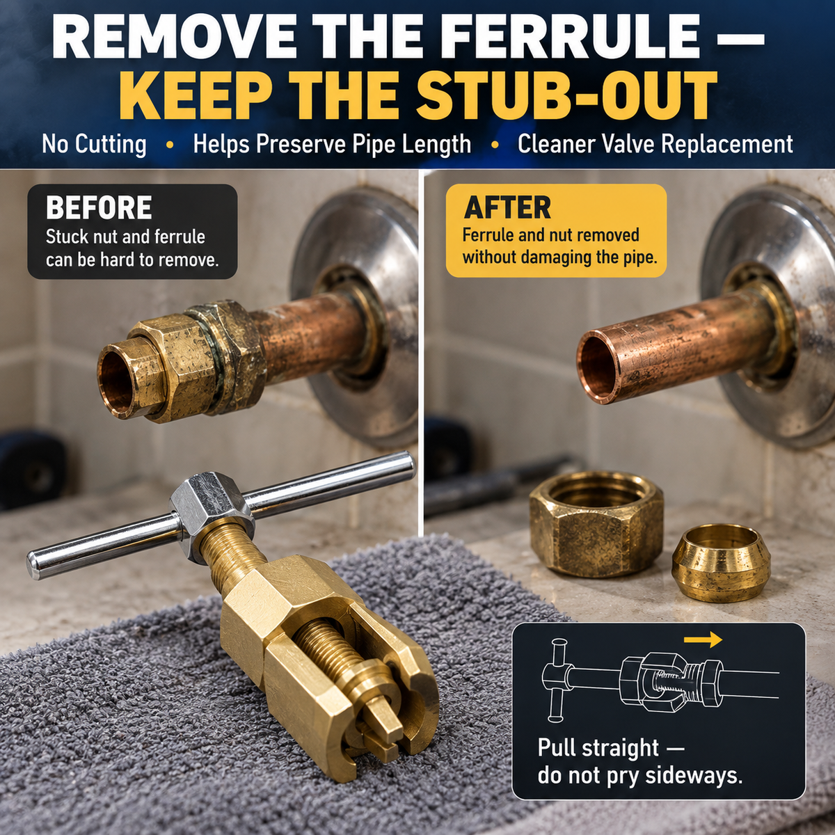 Before and after compression ferrule removal