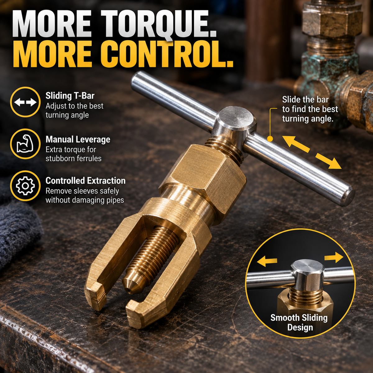 Sliding T-bar provides leverage and adjustable hand position