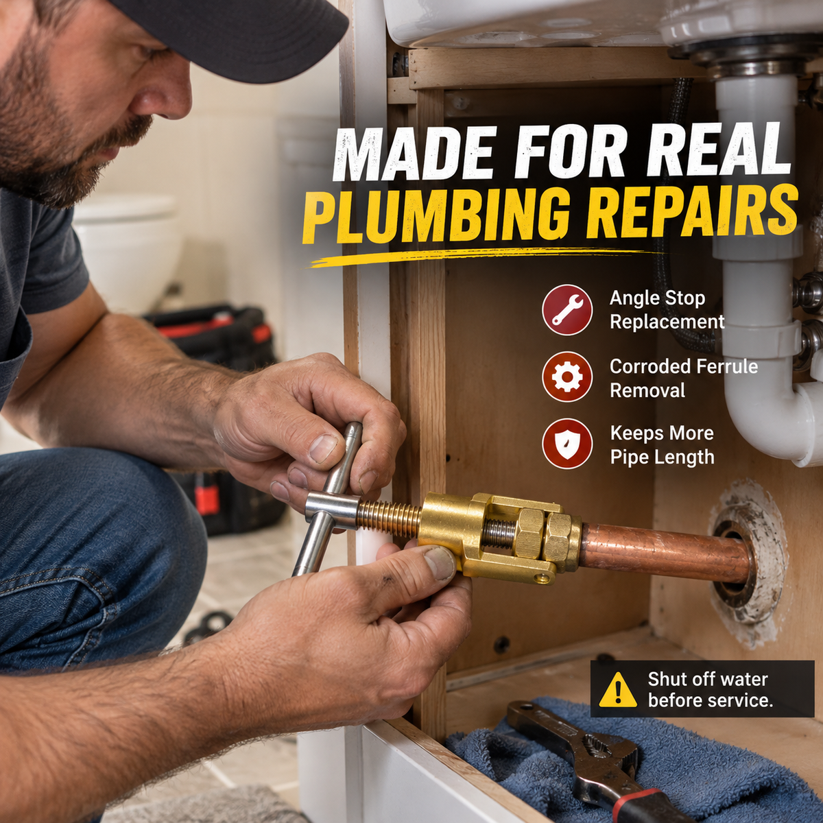Plumber using ferrule puller under a sink