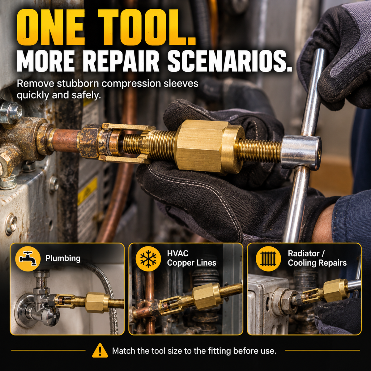 Compression ferrule puller used in plumbing HVAC and radiator repair scenarios